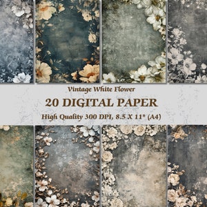 Romantische lente witte bloem op donkere achtergrond Digitaal papier l Afdrukbaar bloemdessin behang downloaden l Luxe dromerig shabby chic gebruik