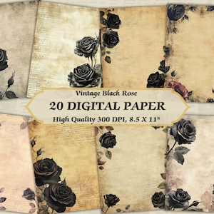 Vintage zwarte roos digitaal papier l afdrukbare oude noodlijdende textuur bloemenbehang l downloadbaar bloemontwerp ongewenste journaling plakboek