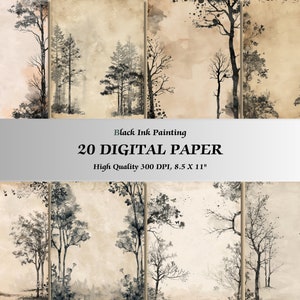 Moody tinta preta pintura digital papel l imprimível árvore planta design papel de parede fundo l vintage scrapbook diário cartão livro decoração