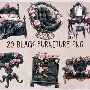 Muebles negros de lujo con rosa rosa. Clipart digital. Diseño vintage elegante imprimible. Adhesivo con fondo transparente. Diario basura.