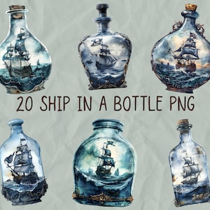 Piratenschiff in einer Flasche Digital Clipart l Druckbare Ozean im Glas Aufkleber l Transparenten Hintergrund l Herunterladbare Boot Junk Journaling