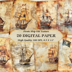 Vintage piratenschip ontwerp digitaal papier l afdrukbare oude noodlijdende textuur behang l downloadbare nautische oceaan ongewenste journaling pagina gebruik