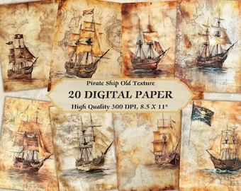 Vintage Pirate Ship Design Digital Paper l Printable Old Distressed Texture Wallpaper l Downloadable Nautical Ocean Junk Journaling Page Use