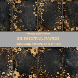 Luxus Gold Blume auf dunklem Hintergrund Digital Papier l Vintage alte Textur Blumenmuster auf schwarz Tapete l Herunterladbares Scrapbook Journal