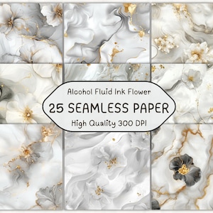Digitaler Alkohol Tinte Weiß Gold Blume Nahtlose Muster l Luxus Marmor mit Blumenmuster Tapete l Elegantes Dekorationspapier 3D Kunst