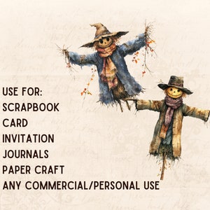 May include: Two whimsical scarecrows with autumnal colors and textures, perfect for crafting projects like scrapbooking, cards, invitations, journals, and paper crafts.  Use for commercial or personal use.