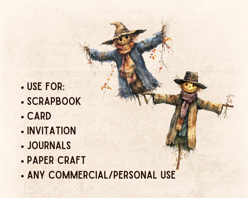 May include: Two whimsical scarecrows with autumnal colors and textures, perfect for crafting projects like scrapbooking, cards, invitations, journals, and paper crafts.  Use for commercial or personal use.
