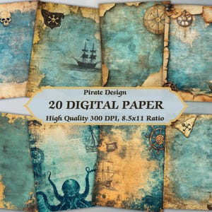Vintage Blue Tone Pirate Design Digitales Papier l Ozean Hintergrund Alte Distressed Textur l Druckbare Grunge Seite Junk Journal Scrapbooking