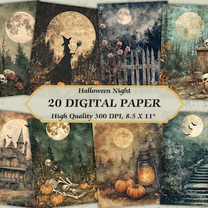 Spooky Halloween Night met maan digitaal papier l afdrukbare enge donkere bos achtergrond l downloadbare herfst ontwerp ongewenste journaling gebruik JPG