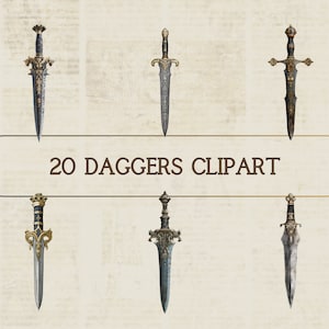 20 Dagger Design Digital Clipart l Adesivo de faca para impressão Fundo transparente l Arquivo de imagem de textura antiga vintage l Scrapbooking comercial