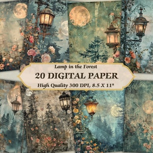 Humeurige lamp in het bos digitaal papier l afdrukbare donkere nacht natuur onder maanlicht behang l downloadbare vintage oude textuur print jpg