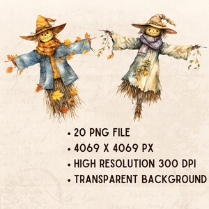 May include: Two watercolor illustrations of scarecrows with fall foliage. The scarecrows are wearing hats and have a straw-like body. One scarecrow is wearing a blue jacket and the other is wearing a purple scarf.