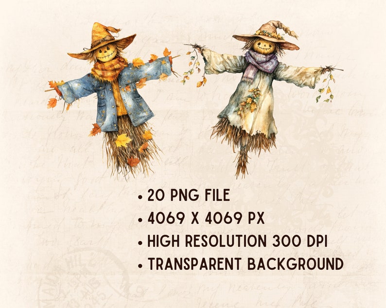 May include: Two watercolor illustrations of scarecrows with fall foliage. The scarecrows are wearing hats and have a straw-like body. One scarecrow is wearing a blue jacket and the other is wearing a purple scarf.