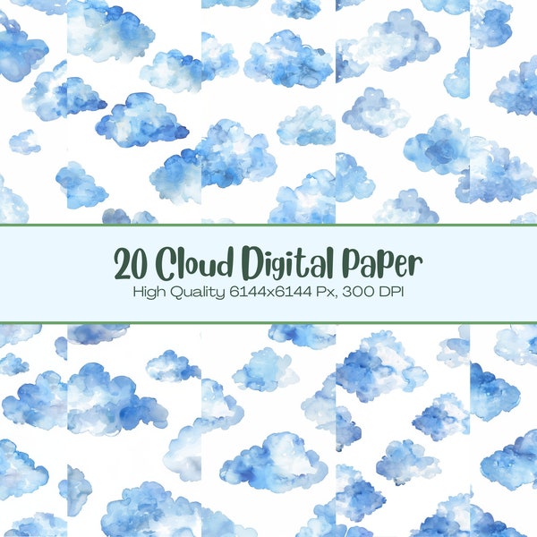 Clean Blue Cloud Pattern Digital Paper l Printable Watercolor Sky Design Wallpaper set l Downloadable Background Art Scrapbook Junk Journal