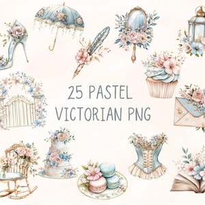 Clipart vintage de diseño victoriano pastel digital l Clip art imprimible de cumpleaños a color l Pegatina descargable Fondo transparente PNG basura