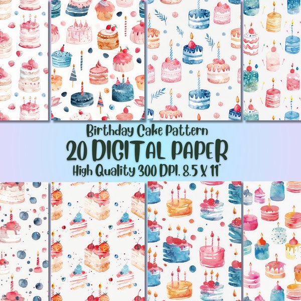 Sweet Birthday Cake Pattern Digital File l Watercolor Happy Design Printable Wallpaper l Cute Cupcake Image Background for Party l Download