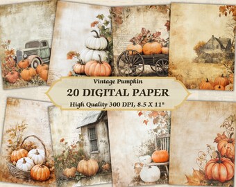 Vintage Cozy Pumpkin Design Digital Paper l Printable Autumn Old Distressed Texture Wallpaper l Downloadable Fall Season Junk Journaling Art