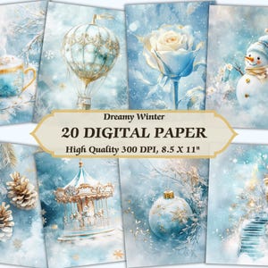 Verträumtes, pastellblaues Winter-Design-Digitalpapier l Druckbares glänzendes Kaltjahreszeit-Hintergrundbild mit Goldakzent l Vintage-Schneeflocke Shabby Chic JPG
