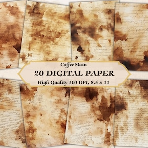 Carta digitale con disegno di macchie di caffè vintage | Pagina con texture grunge antica stampabile | Sfondo grunge antico | Decorazione per album di ritagli di giornale spazzatura