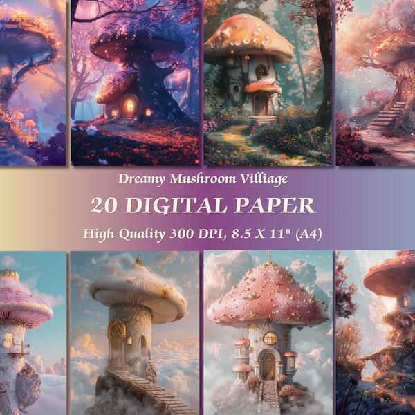 Dreamy Fantasy Mushroom Village Digital Paper l Printable Pastel Color Fairy Tale Story Background l Downloadable Fantasy Town Wallpaper art