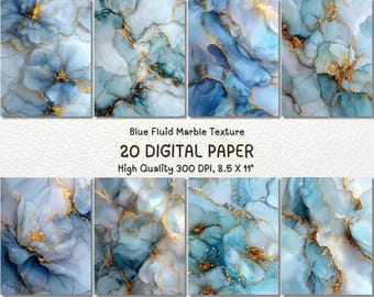 May include: A collection of eight digital papers featuring a blue fluid marble texture with gold accents. The papers are high quality, 300 DPI, and sized at 8.5 x 11 inches. The text on the image reads "Blue Fluid Marble Texture 20 DIGITAL PAPER High Quality 300 DPI, 8.5 X 11".