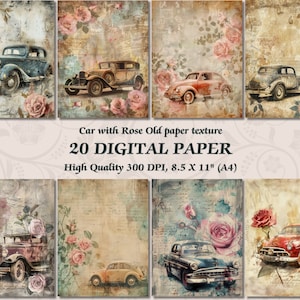 Auto romantica con carta digitale rosa l Carta da parati stampabile con texture vintage con fiori caldi l Pagina con sfondo floreale invecchiato l Junk Journaling