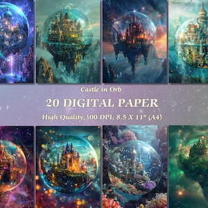 Fantasy Castle in Orb Kolorowy papier cyfrowy l Wydrukowalna tapeta Dreamy Palace in Palace Design l Pobieralna tapeta Landscape Nature Print Use