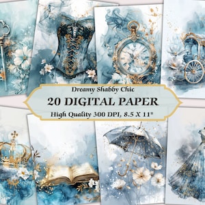 Papel digital Shabby Chic azul de ensueño | Atmósfera tranquila y romántica imprimible | Diario basura | Scrapbooking vintage melancólico descargable