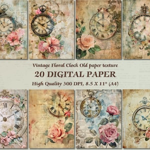 Orologio floreale romantico con texture antica su carta digitale | Carta da parati vintage con fiori rosa stampabile | Stampa commerciale, giornale spazzatura, download