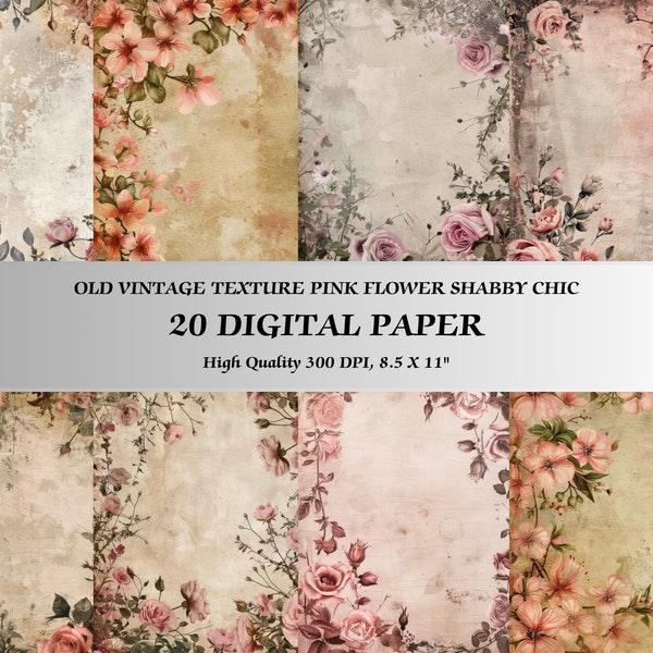 Romantic Pink Flower Shabby Chic Digital Paper l Printable Old Texture Background for Scrapbook Journal Card Cover Decoration or Commercial