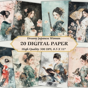 Donna giapponese sognante Carta digitale l Stampabile Ragazza asiatica Design Stampa Atmosfera calma l Arte scaricabile Giornalismo Scrapbooking JPG