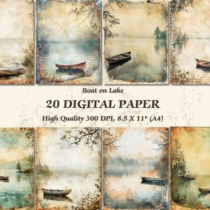 Papel digital con diseño de barco en el lago con estado de ánimo tranquilo l Papel tapiz con textura antigua vintage imprimible Descarga instantánea l Scrapbooking Diario Comercial