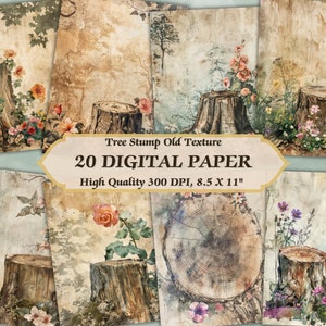 Vintage Baumstumpf Alte Textur Digitales Papier l Druckbare Wald mit Blumenmuster-Tapete l Herunterladbare Natur Scrapbooking Journaling
