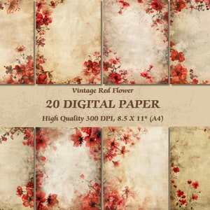 Flor vermelha romântica em papel digital de textura antiga l Papel de parede floral vintage para impressão Download instantâneo l Design de aquarela para download JPG