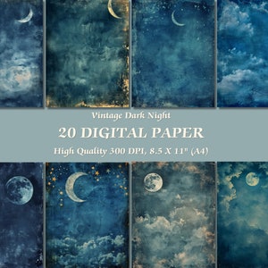 Kalm donkere nacht vintage digitaal papier l afdrukbaar maan sterren ontwerp op blauwe tint achtergrond l downloadbaar behang dagboek plakboek jpg