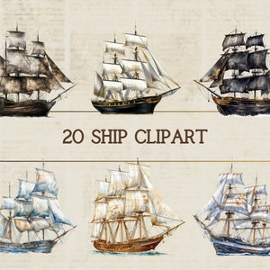 Navio à vela vintage no oceano Clipart digital l para impressão adesivo de design de cruzeiro fundo transparente l diário comercial de scrapbooking