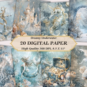 Papel digital Dreamy Underwater Design l Papel de parede azul para impressão do oceano l Para download Under the Sea Junk Journaling Scrapbooking comercial