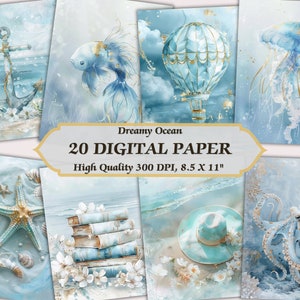 Papel digital de océano fresco de ensueño l Fondo de pantalla de diseño de playa de verano tranquilo imprimible l Impresión en color pastel azul limpio descargable l Scrapbooking