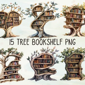 Estantería con forma de árbol (Clipart digital) l Estanterías de madera en la naturaleza l Biblioteca de madera con hojas verdes l Diario divertido de basura escolar