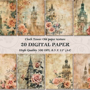 Carta digitale romantica Torre dell'orologio l Rosa rosa su carta da parati vintage vecchia struttura invecchiata, 18 Design Junk Journal Scrapbooking commerciale