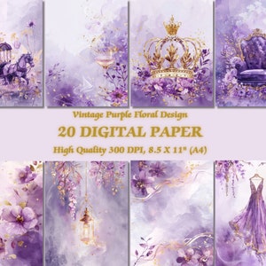 Luxus Lila und Gold Farbe Vintage Floral Digital Papier l Verträumte Blumen Design Druckbare Hintergrund l Herunterladbare Romantische Atmosphäre JPG