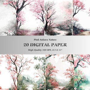 Fondo de papel digital con flores de cerezo rosadas y tranquilas de color melancólico | Diseño de papel tapiz con diseño floral de acuarela imprimible | Descarga instantánea de decoración