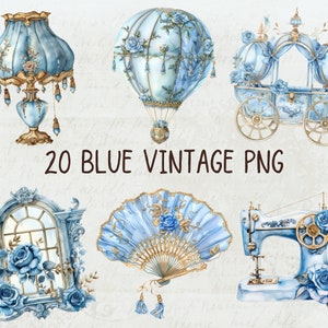 Pastelowy Luksusowy Niebieski Vintage Cyfrowy Clipart l Wydrukowalna Elegancja Wiktoriańska Naklejka Przezroczyste Tło l Pobieralny Dziennik Śmieciowych Obrazów