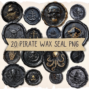 Vintage Pirate Wax Seal Design Digital Clipart l Printable Black Gold Sealing Stamp Transparent Background l Downloadable Spooky Sticker PNG