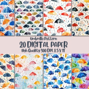 Padrão de guarda-chuva temperamental em um dia chuvoso Papel digital l Papel de parede de fundo de chuva colorido fofo para impressão l Design de clima para download JPG