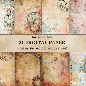 Carta digitale dal design romantico con orologio l Carta da parati stampabile con atmosfera calda l Sfondo artistico da parete scaricabile l Uso commerciale di scrapbooking