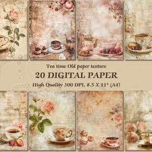Warme theetijd romantisch digitaal papier l afdrukbare vintage koffie en bloem oude textuur behang l downloadbare achtergrond plakboek dagboek