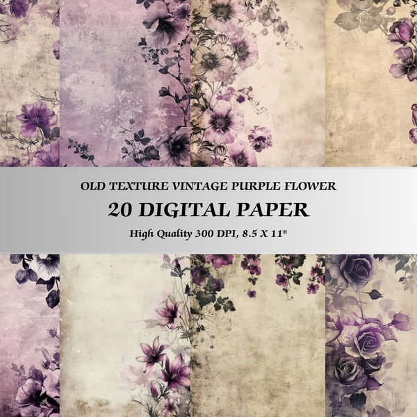 Romantic Purple Flower Design Digital Paper Set l Printable Watercolor Floral Background Pack l Downloadable Rose Wallpaper Decoration Art