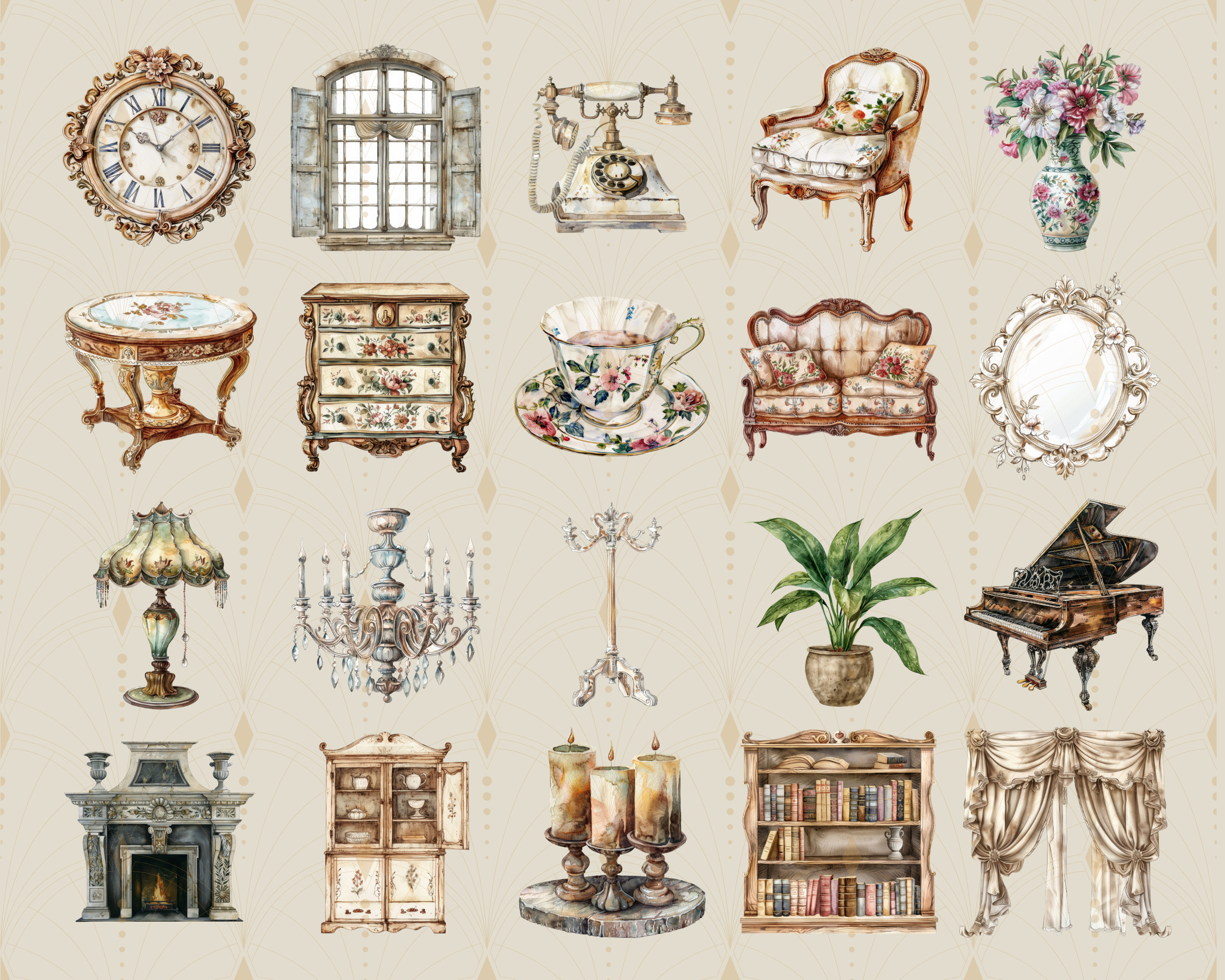Vintage Living Room Stuff Digital Clipart L Printable Furniture Sticker ...