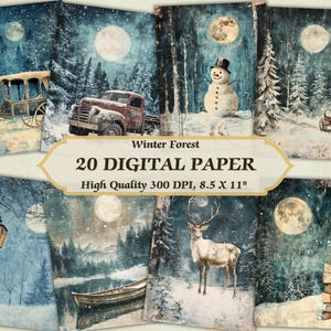 Calm Vintage Winter in Forest digitaal papier l Afdrukbare koude winter met sneeuwlandschapsafdruk l Downloadbare besneeuwde achtergrond Journaling